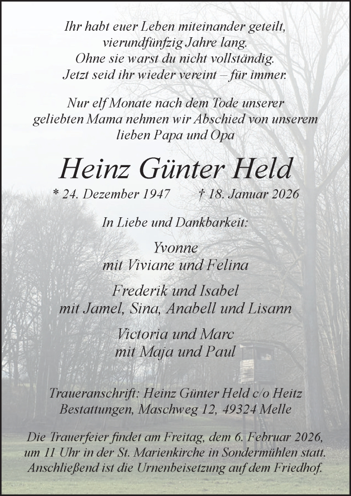  Traueranzeige für Heinz Günter Held vom 24.01.2026 aus Neue Osnabrücker Zeitung GmbH & Co. KG