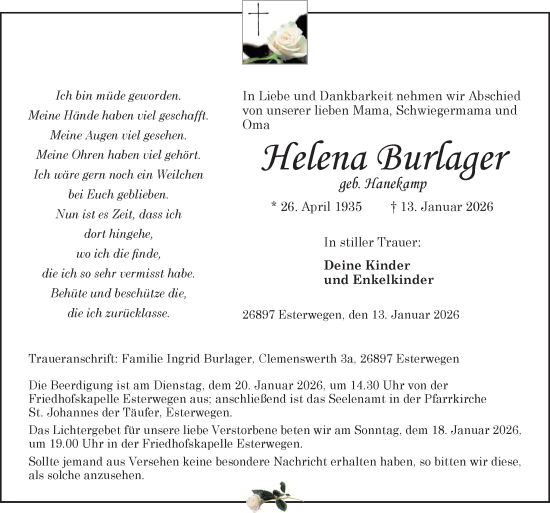 Traueranzeige von Helena Burlager von Neue Osnabrücker Zeitung GmbH & Co. KG