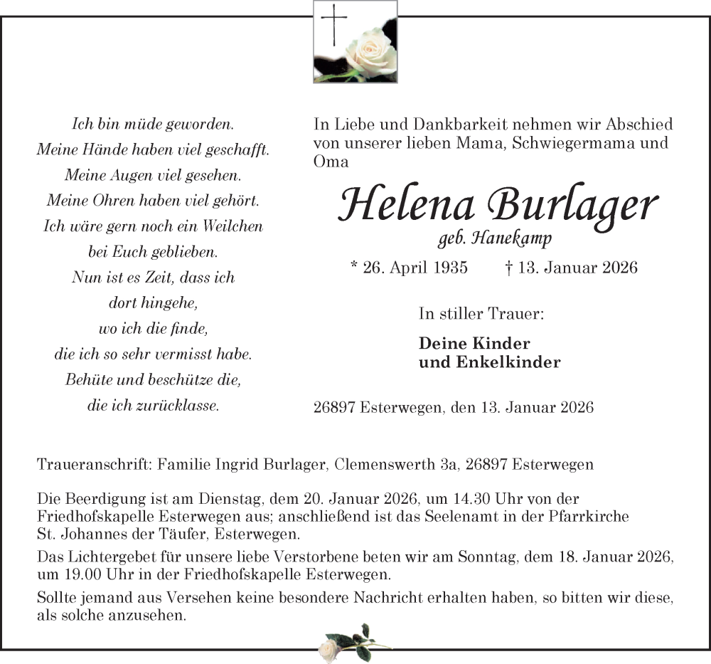  Traueranzeige für Helena Burlager vom 15.01.2026 aus Neue Osnabrücker Zeitung GmbH & Co. KG