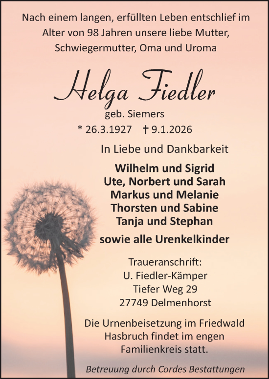 Traueranzeige von Helga Fiedler von DK Medien GmbH & Co. KG