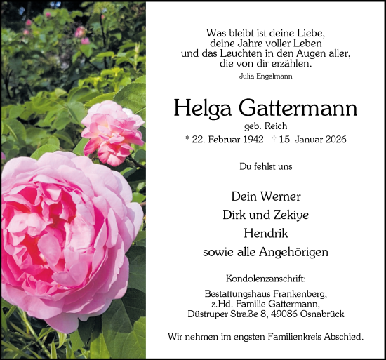 Traueranzeige von Helga Gattermann von Neue Osnabrücker Zeitung GmbH & Co. KG
