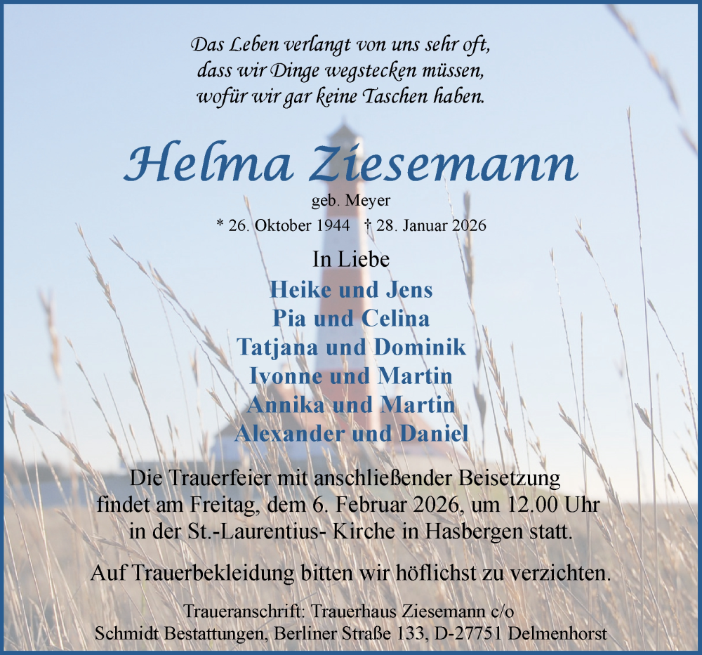  Traueranzeige für Helma Ziesemann vom 31.01.2026 aus DK Medien GmbH & Co. KG