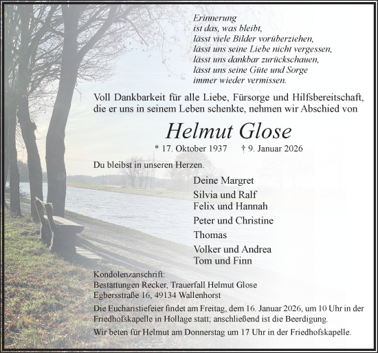 Traueranzeige von Helmut Glose von Neue Osnabrücker Zeitung GmbH & Co. KG