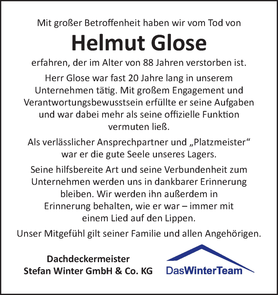  Traueranzeige für Helmut Glose vom 16.01.2026 aus Neue Osnabrücker Zeitung GmbH & Co. KG