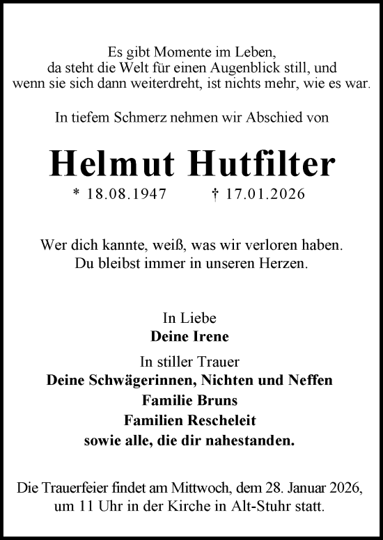 Traueranzeige von Helmut Hutfilter von DK Medien GmbH &amp; Co. KG