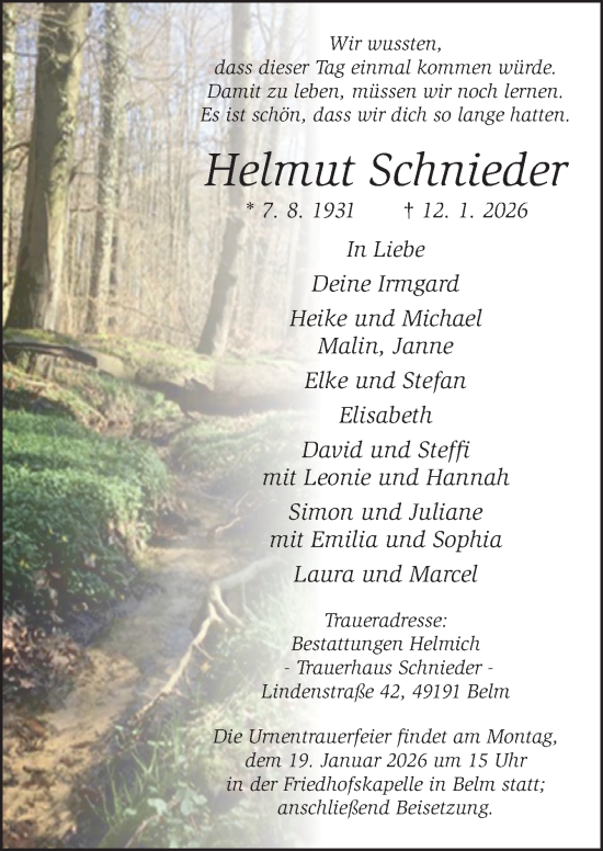 Traueranzeige von Helmut Schnieder von Neue Osnabrücker Zeitung GmbH & Co. KG