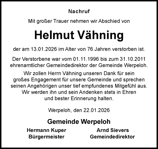 Traueranzeige von Helmut Vähning von Neue Osnabrücker Zeitung GmbH & Co. KG
