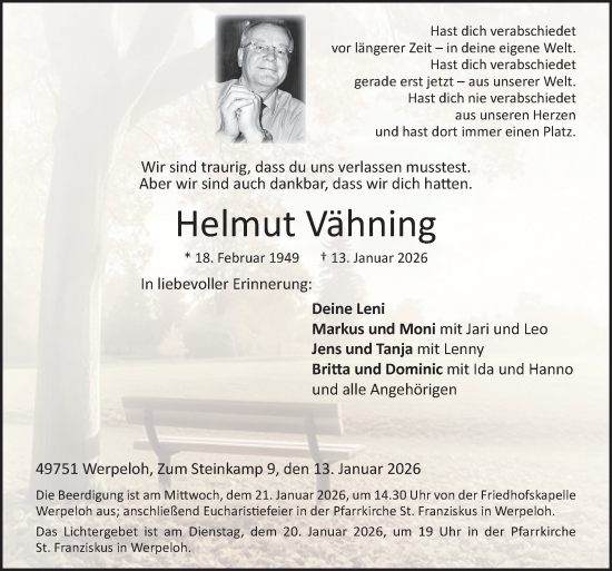 Traueranzeige von Helmut Vähning von Neue Osnabrücker Zeitung GmbH & Co. KG