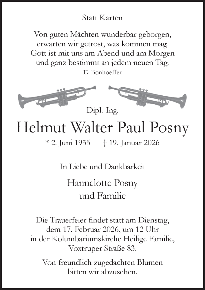  Traueranzeige für Helmut Walter Paul Posny vom 31.01.2026 aus Neue Osnabrücker Zeitung GmbH & Co. KG