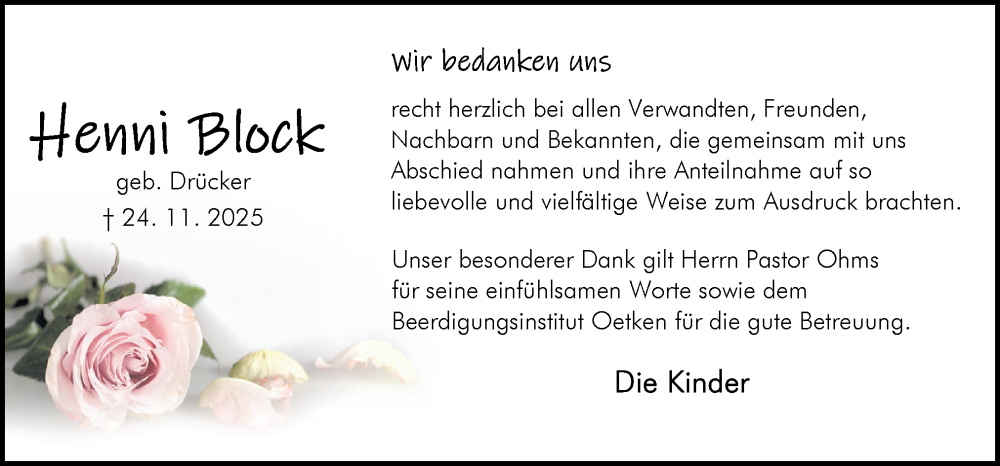  Traueranzeige für Henni Block vom 10.01.2026 aus DK Medien GmbH & Co. KG