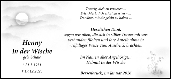 Traueranzeige von Henny In der Wische von Neue Osnabrücker Zeitung GmbH & Co. KG