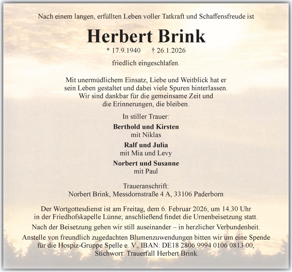  Traueranzeige für Herbert Brink vom 28.01.2026 aus Neue Osnabrücker Zeitung GmbH & Co. KG