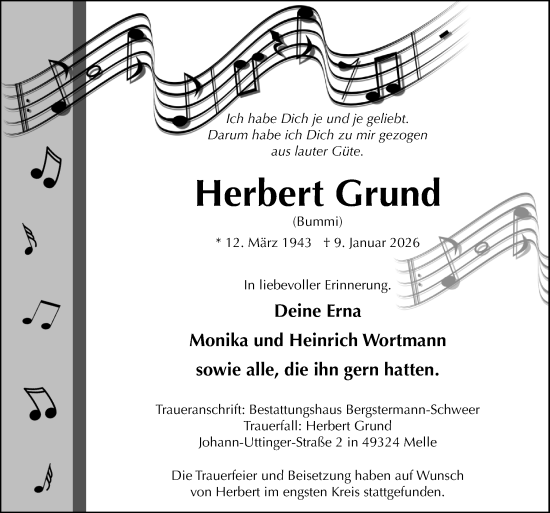 Traueranzeige von Herbert Grund von Neue Osnabrücker Zeitung GmbH & Co. KG