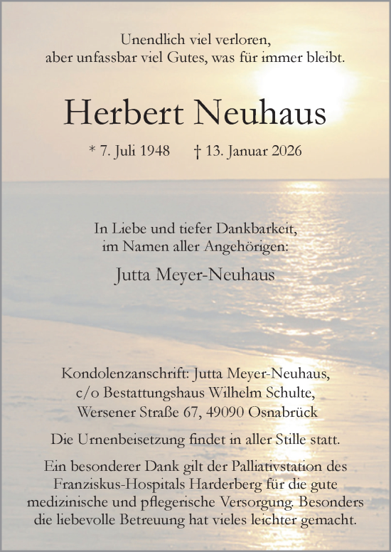 Traueranzeige von Herbert Neuhaus von Neue Osnabrücker Zeitung GmbH & Co. KG