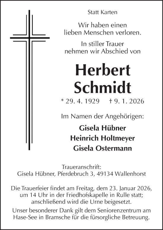 Traueranzeige von Herbert Schmidt von Neue Osnabrücker Zeitung GmbH & Co. KG