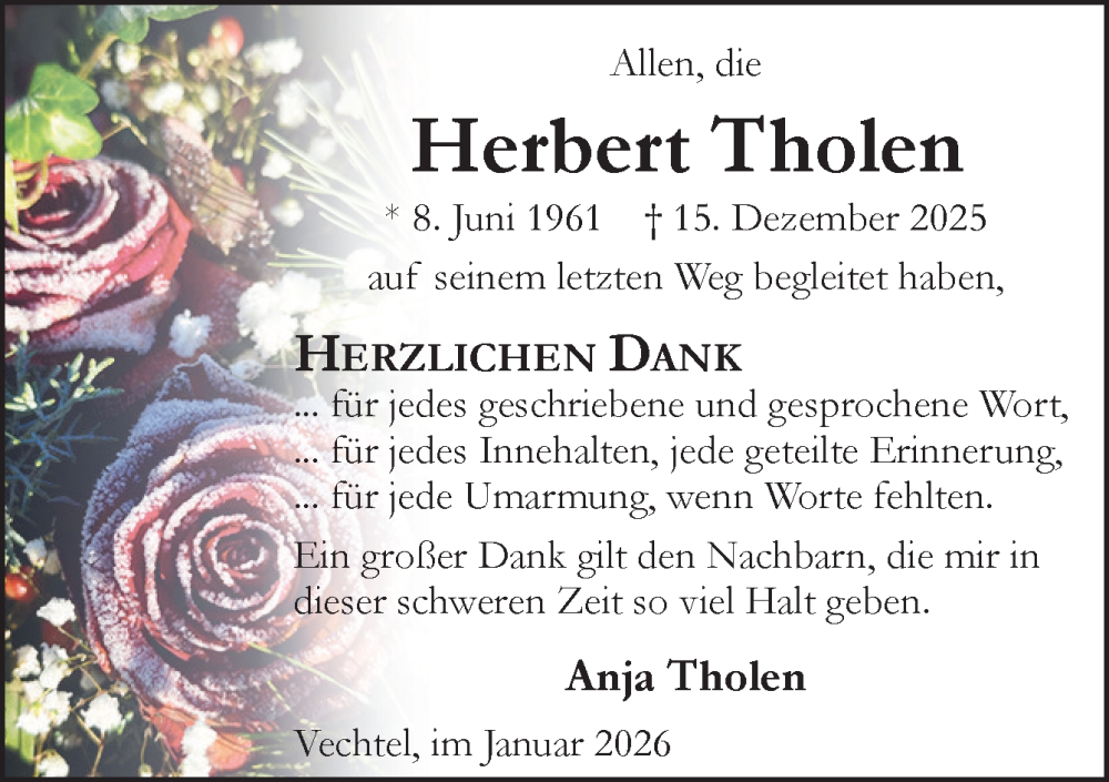 Traueranzeige für Herbert Tholen vom 17.01.2026 aus Neue Osnabrücker Zeitung GmbH & Co. KG
