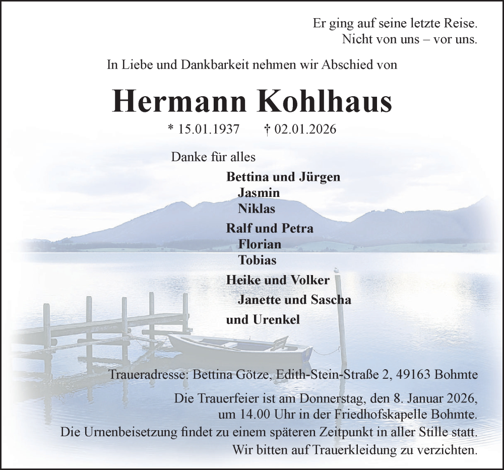  Traueranzeige für Hermann Kohlhaus vom 06.01.2026 aus Neue Osnabrücker Zeitung GmbH & Co. KG