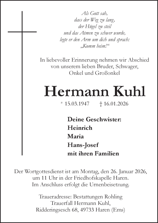 Traueranzeige von Hermann Kuhl von Neue Osnabrücker Zeitung GmbH & Co. KG