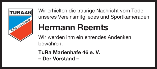 Traueranzeige von Hermann Reemts von Ostfriesischer Kurier GmbH