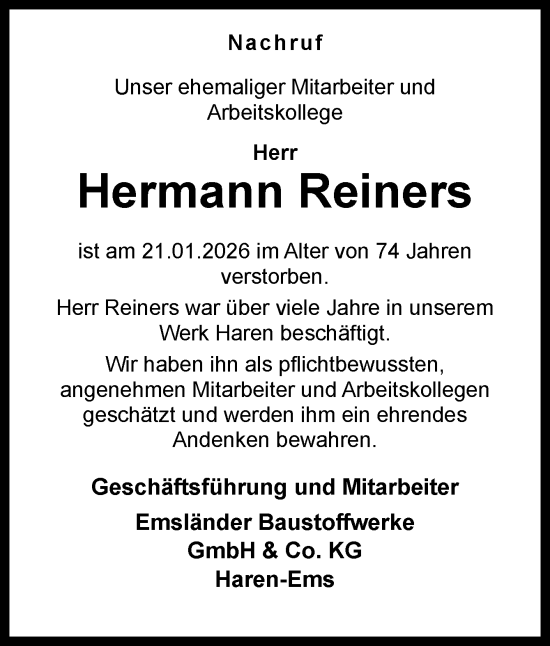 Traueranzeige von Hermann Reiners von Neue Osnabrücker Zeitung GmbH & Co. KG