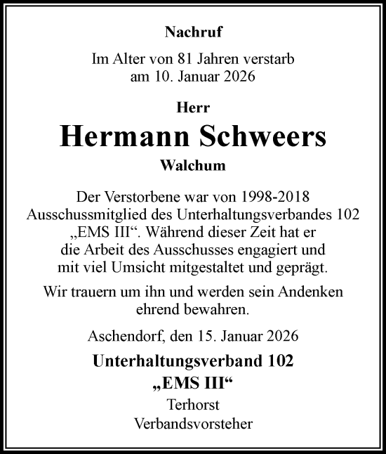 Traueranzeige von Hermann Schweers von Neue Osnabrücker Zeitung GmbH & Co. KG
