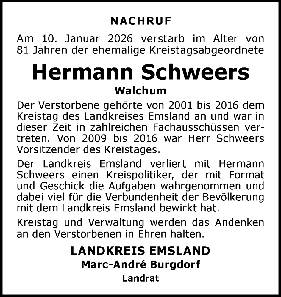  Traueranzeige für Hermann Schweers vom 16.01.2026 aus Neue Osnabrücker Zeitung GmbH & Co. KG