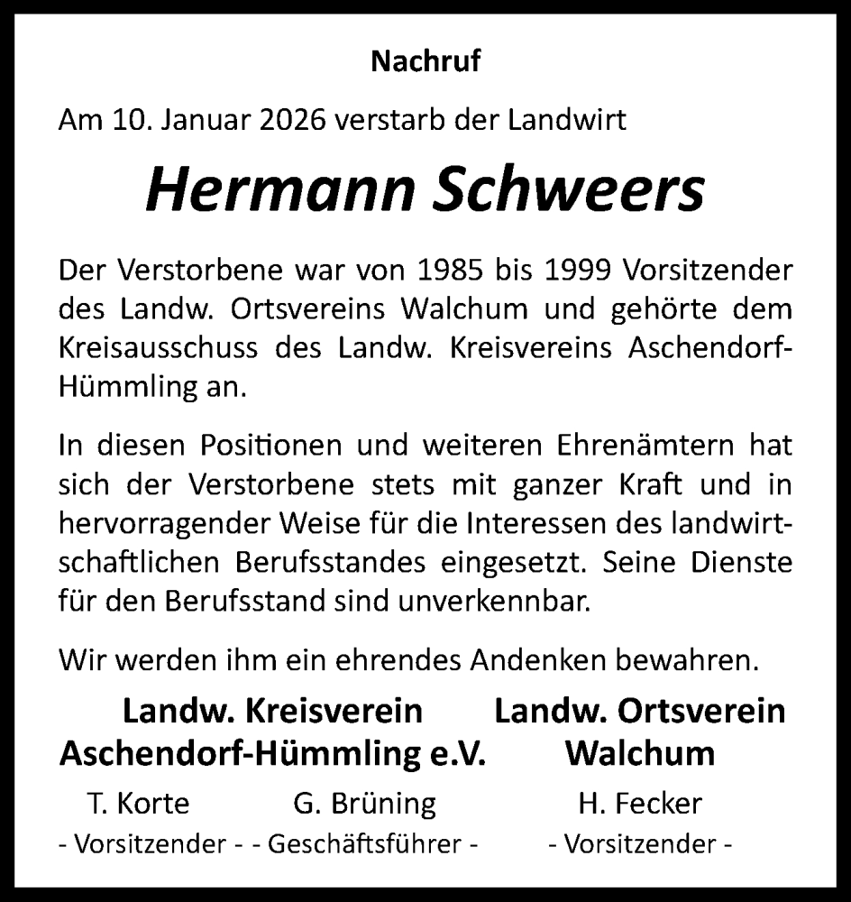  Traueranzeige für Hermann Schweers vom 17.01.2026 aus Neue Osnabrücker Zeitung GmbH & Co. KG