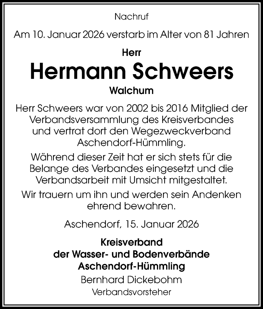  Traueranzeige für Hermann Schweers vom 15.01.2026 aus Neue Osnabrücker Zeitung GmbH & Co. KG