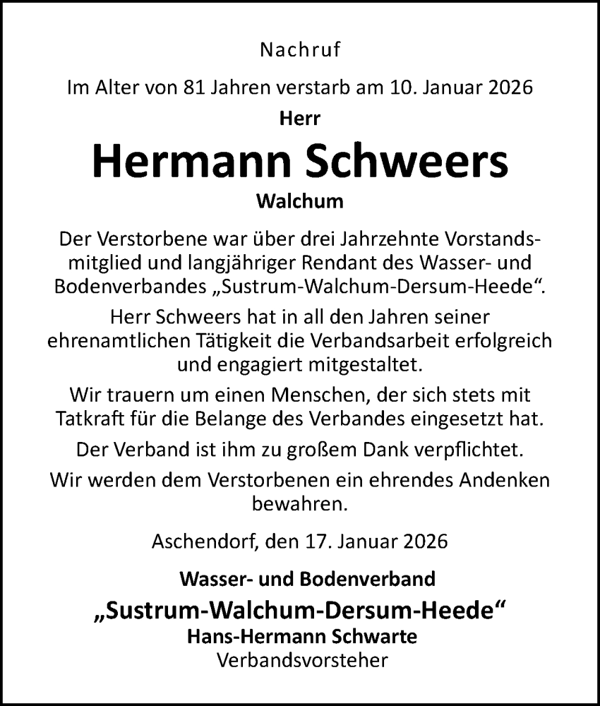  Traueranzeige für Hermann Schweers vom 17.01.2026 aus Neue Osnabrücker Zeitung GmbH & Co. KG