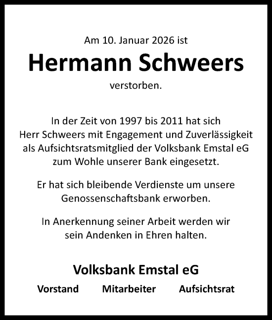 Traueranzeige von Hermann Schweers von Neue Osnabrücker Zeitung GmbH & Co. KG