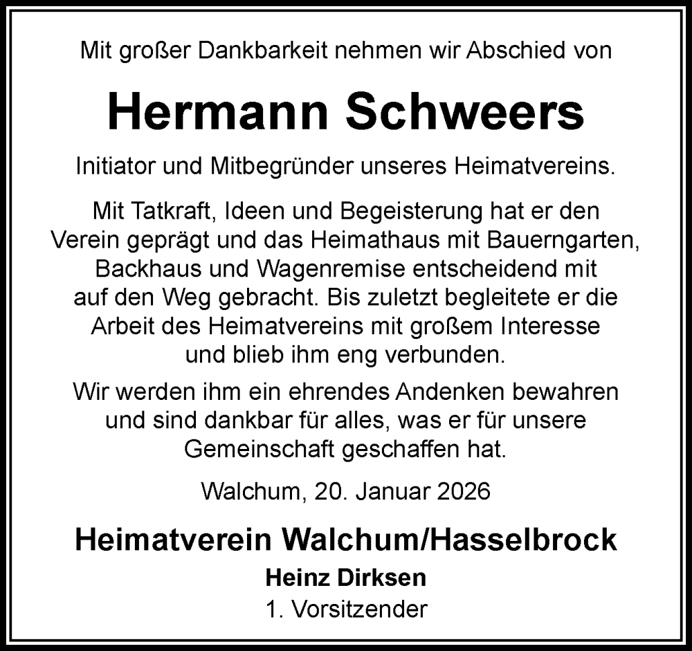  Traueranzeige für Hermann Schweers vom 20.01.2026 aus Neue Osnabrücker Zeitung GmbH & Co. KG