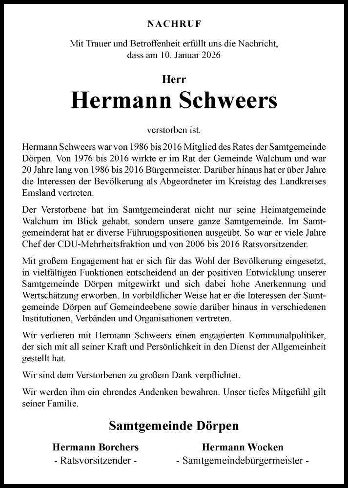  Traueranzeige für Hermann Schweers vom 16.01.2026 aus Neue Osnabrücker Zeitung GmbH & Co. KG