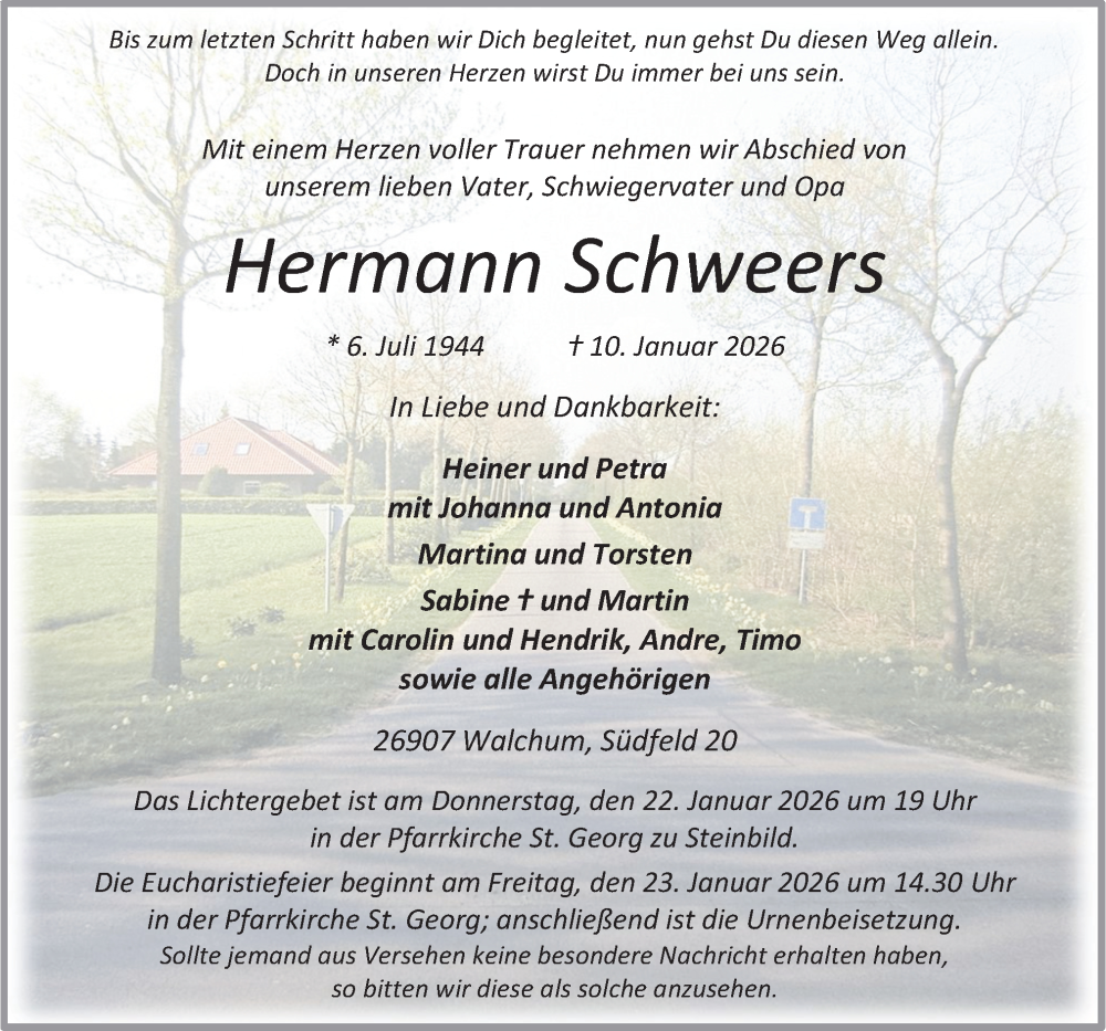  Traueranzeige für Hermann Schweers vom 13.01.2026 aus Neue Osnabrücker Zeitung GmbH & Co. KG