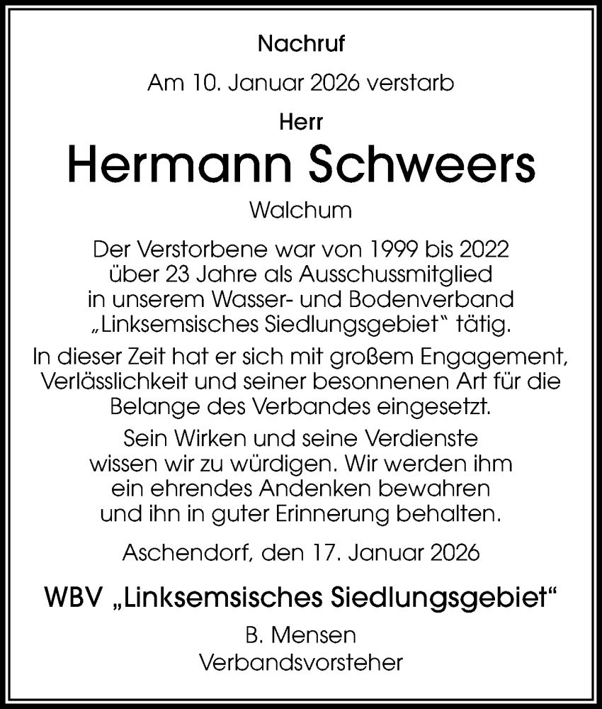  Traueranzeige für Hermann Schweers vom 17.01.2026 aus Neue Osnabrücker Zeitung GmbH & Co. KG
