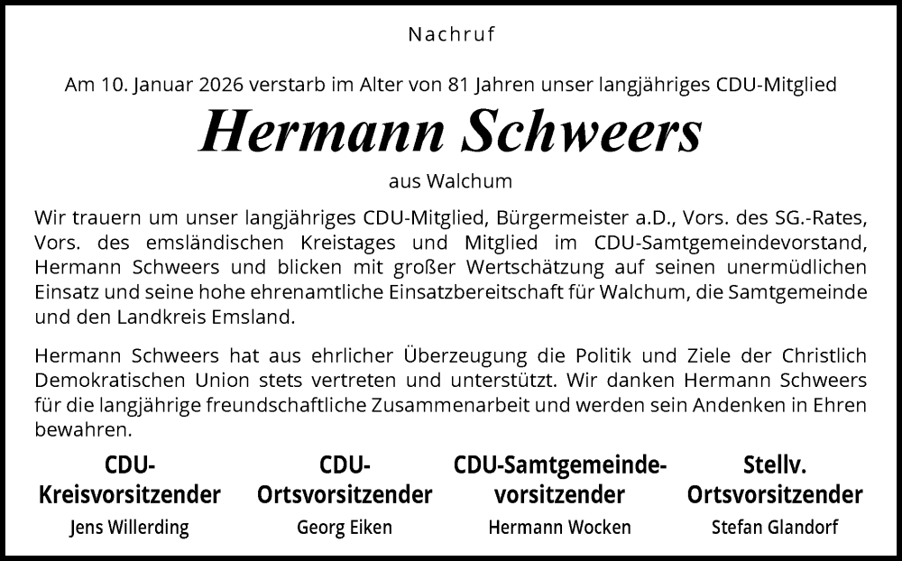  Traueranzeige für Hermann Schweers vom 17.01.2026 aus Neue Osnabrücker Zeitung GmbH & Co. KG