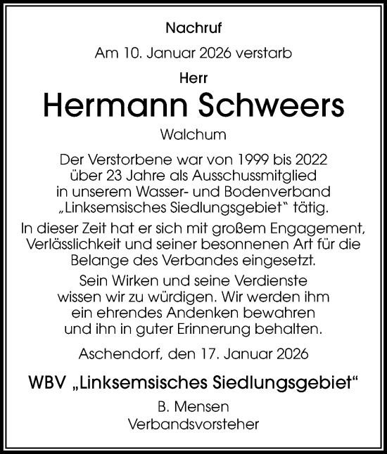Traueranzeige von Hermann Schweers von Neue Osnabrücker Zeitung GmbH & Co. KG