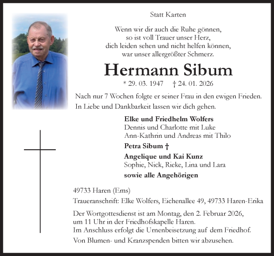Traueranzeige von Hermann Sibum von Neue Osnabrücker Zeitung GmbH & Co. KG