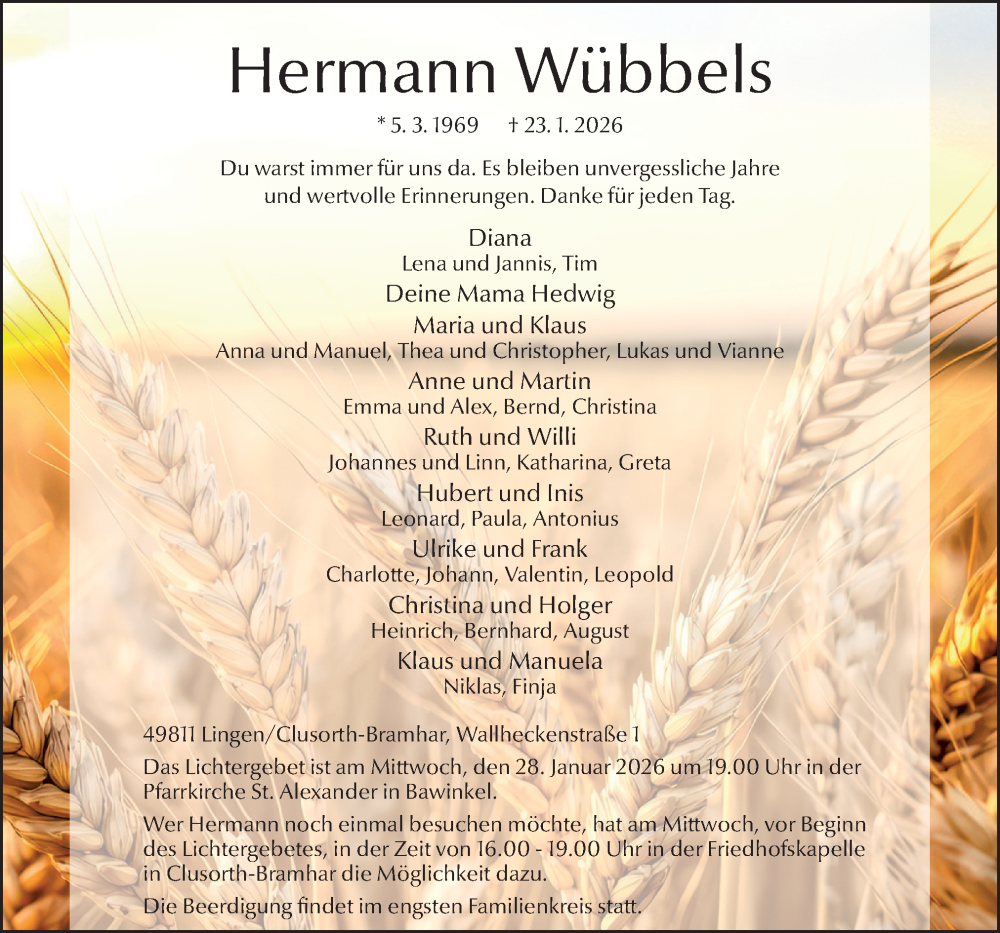  Traueranzeige für Hermann Wübbels vom 27.01.2026 aus Neue Osnabrücker Zeitung GmbH & Co. KG