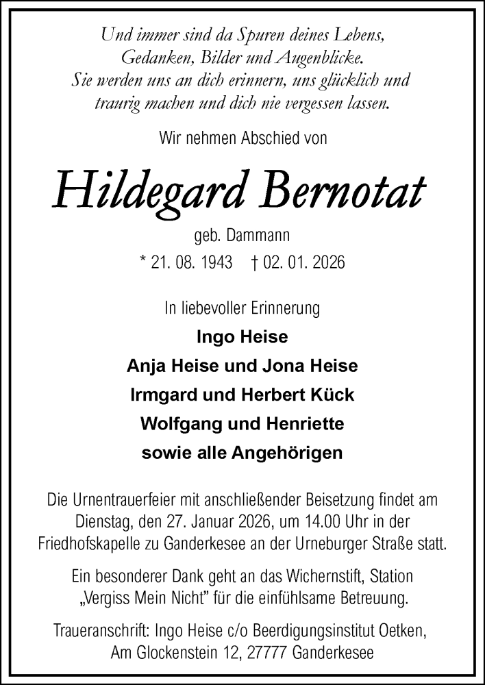  Traueranzeige für Hildegard Bernotat vom 10.01.2026 aus DK Medien GmbH & Co. KG