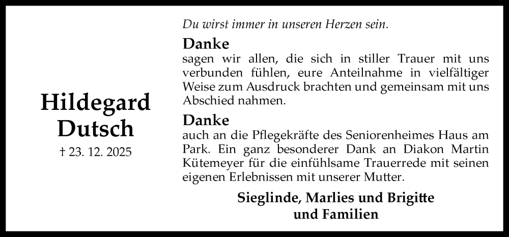  Traueranzeige für Hildegard Dutsch vom 24.01.2026 aus DK Medien GmbH & Co. KG