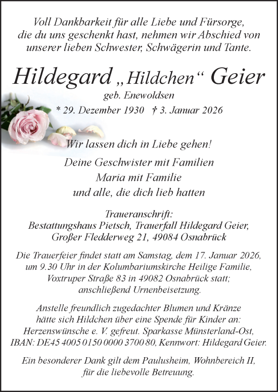 Traueranzeige von Hildegard Geier von Neue Osnabrücker Zeitung GmbH & Co. KG