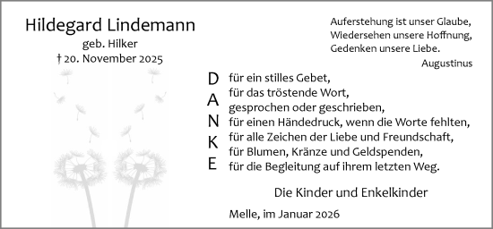 Traueranzeige von Hildegard Lindemann von Neue Osnabrücker Zeitung GmbH & Co. KG