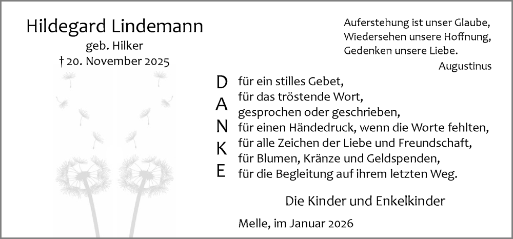  Traueranzeige für Hildegard Lindemann vom 03.01.2026 aus Neue Osnabrücker Zeitung GmbH & Co. KG