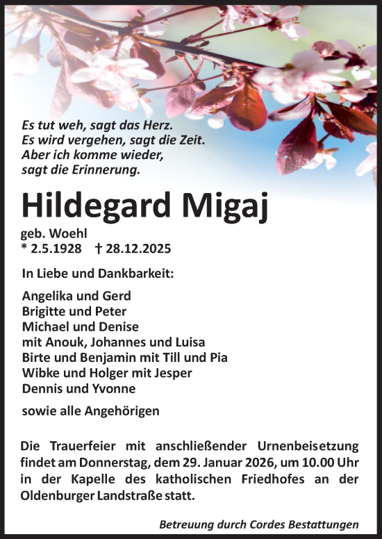 Traueranzeige von Hildegard Migaj von DK Medien GmbH & Co. KG