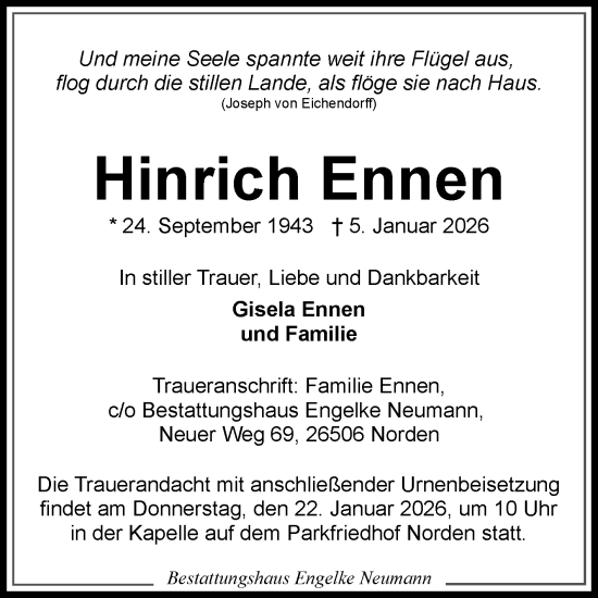 Traueranzeige von Hinrich Ennen von Ostfriesischer Kurier GmbH