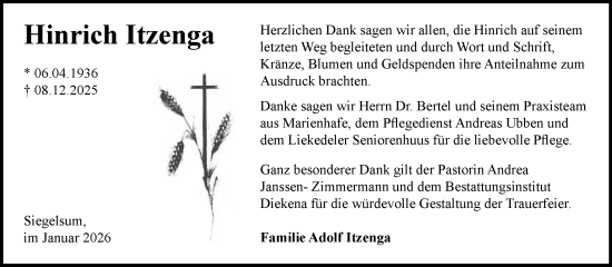 Traueranzeige von Hinrich Itzenga von Ostfriesischer Kurier GmbH