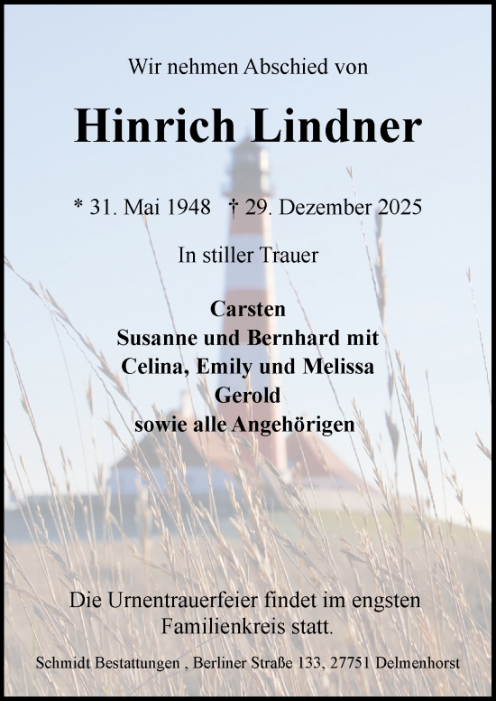 Traueranzeige von Hinrich Lindner von DK Medien GmbH & Co. KG