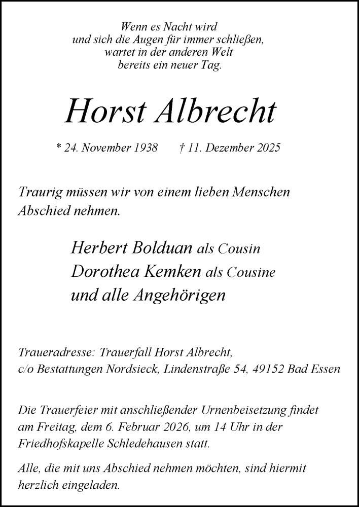  Traueranzeige für Horst Albrecht vom 31.01.2026 aus Neue Osnabrücker Zeitung GmbH & Co. KG