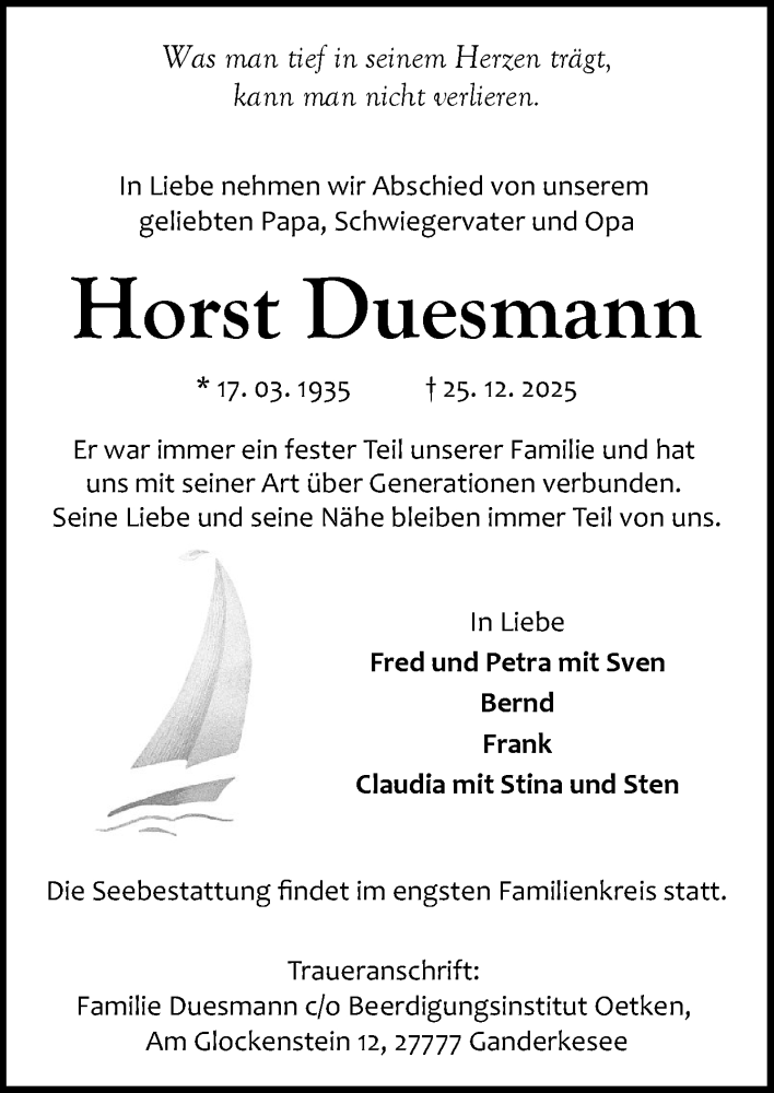  Traueranzeige für Horst Duesmann vom 03.01.2026 aus DK Medien GmbH & Co. KG