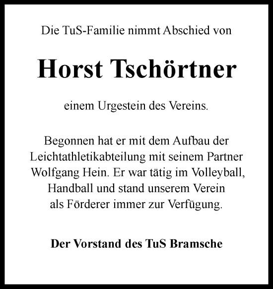 Traueranzeige von Horst Tschörtner von Neue Osnabrücker Zeitung GmbH & Co. KG